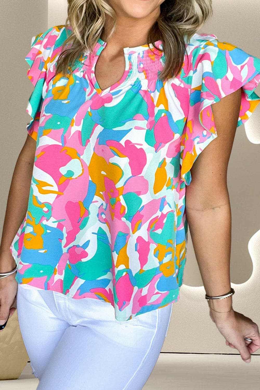 Ruffled cap sleeve blouse - elegant print - Love Salve